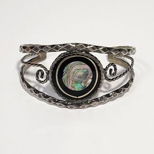 Alpaca Mexico Abalone Cuff Bracelet Vintage Silver Tone Open Cuff Sz 6.25 To 6.5